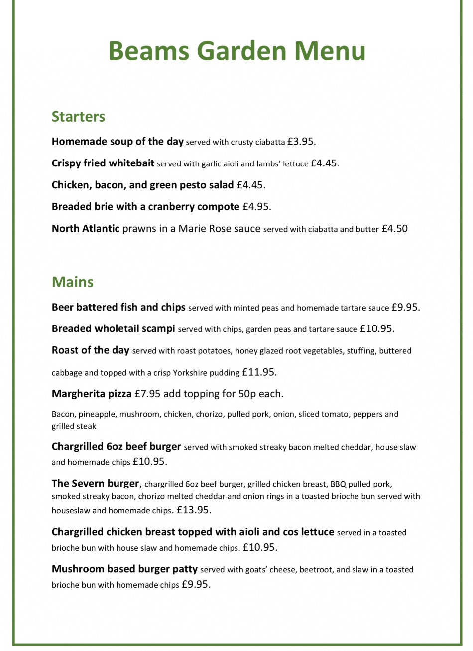 Takeaway Restaurant Menu Page - The Old Beams - Stourport-on-Severn