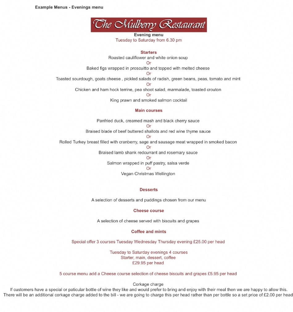 Takeaway Restaurant Menu Page - The Mulberry Restaurant - Bewdley