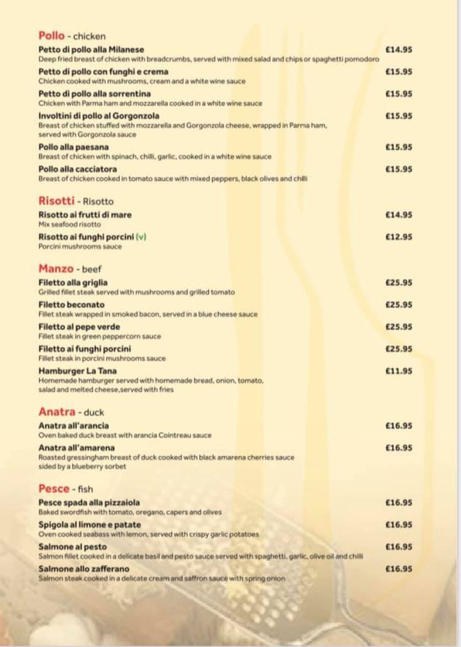 Takeaway Restaurant Menu Page - La Tana Italiano Brighton - Brighton