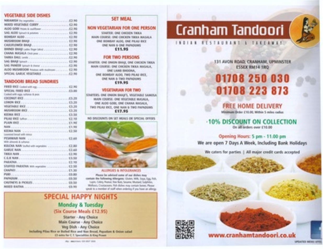Takeaway Restaurant Menu Page - Cranham Tandoori - Upminster