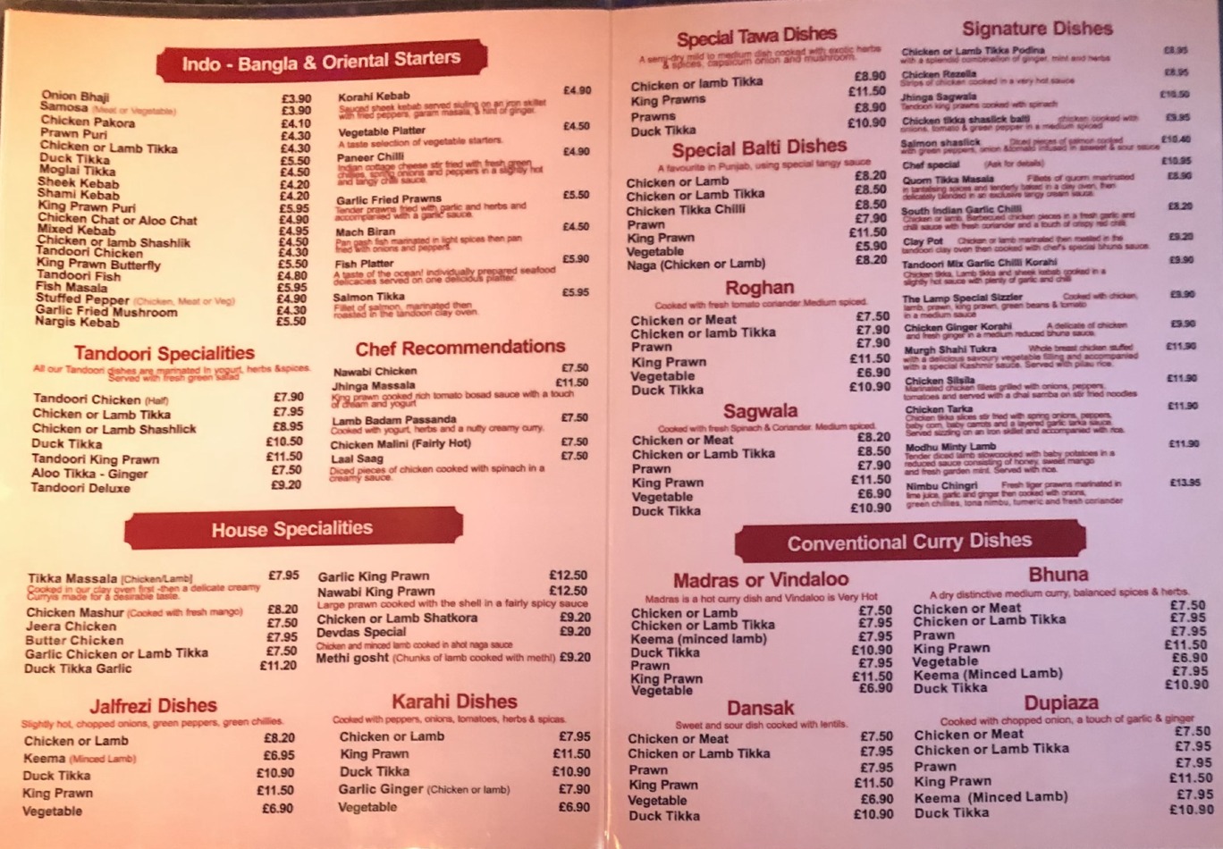 Takeaway Restaurant Menu Page - The Lamp Indian Restaurant Cleobury Mortimer - Kidderminster