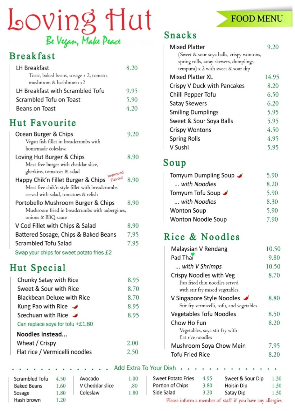 Takeaway Restaurant Menu Page - Loving Hut North Laines Vegetarian Vegan cafe Brighton - Brighton