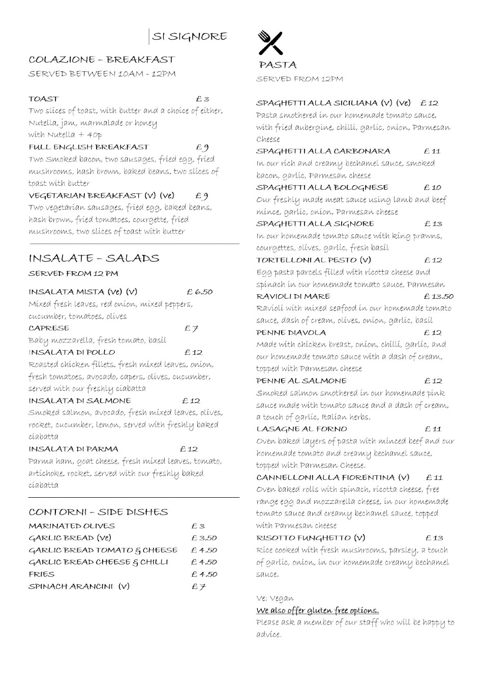 Takeaway Restaurant Menu Page - Si Signore caffé ristorante Brighton - Brighton