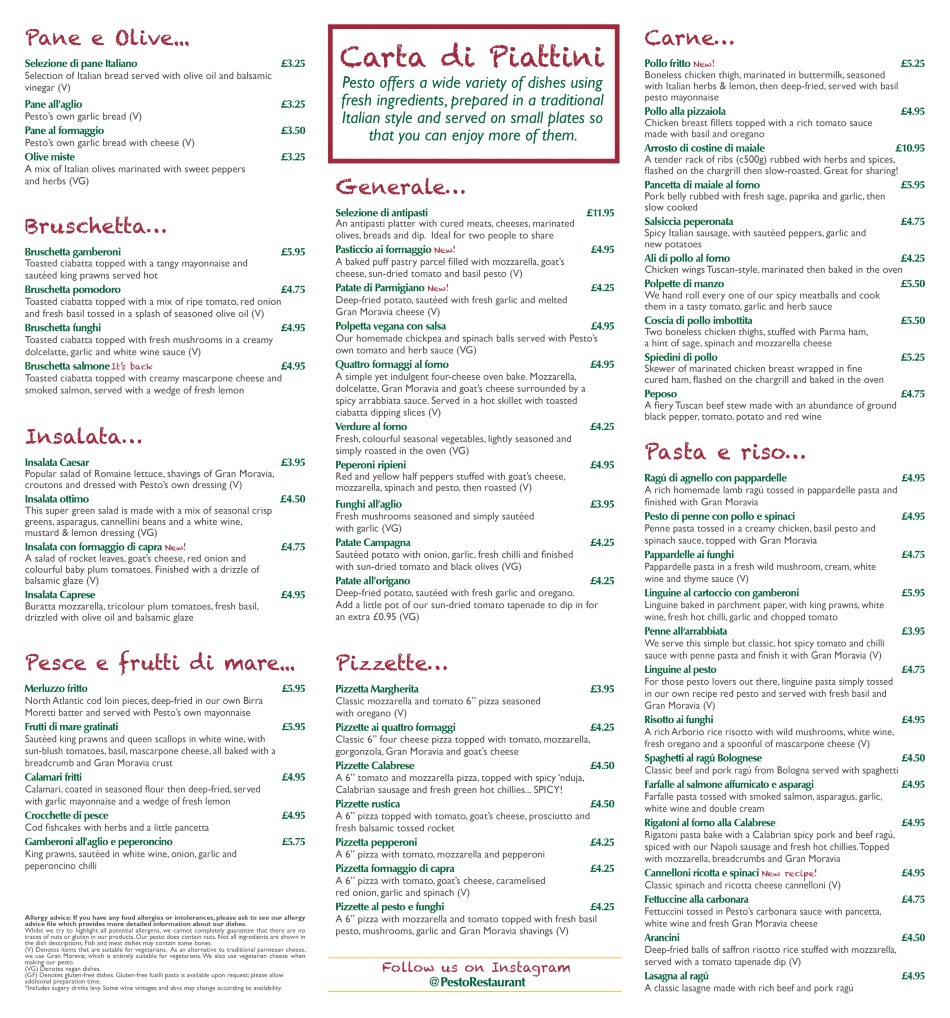 Takeaway Restaurant Menu Page - Pesto at The Axe and Compass Italian Hinkley - Hinckley