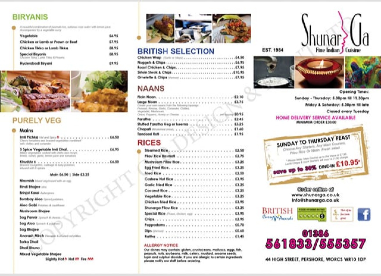Takeaway Restaurant Menu Page - Shunarga indian Restaurant Pershore - Pershore