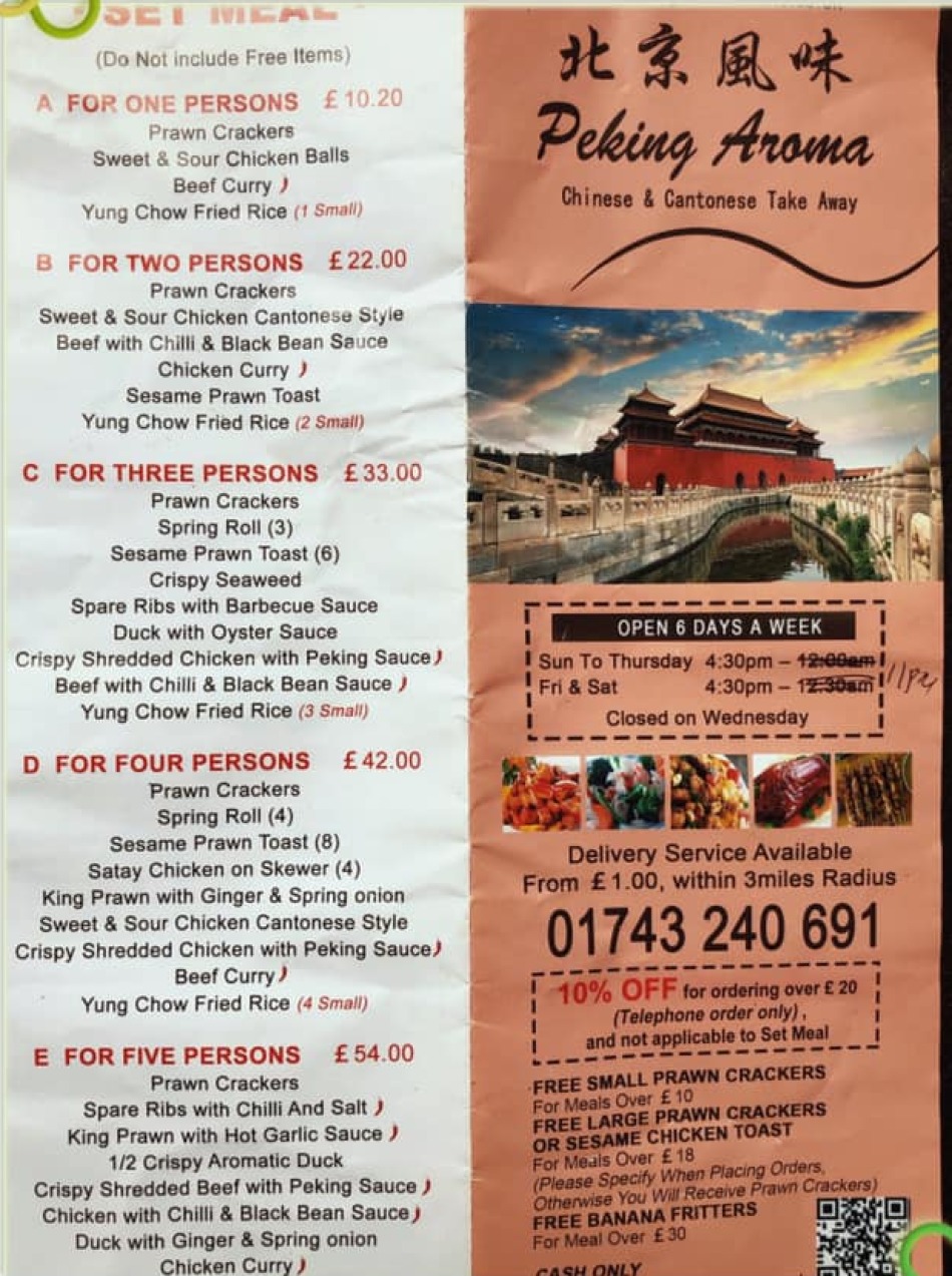 Takeaway Restaurant Menu Page - Peking Aroma Chinese takeaway Shrewsbury - Shrewsbury