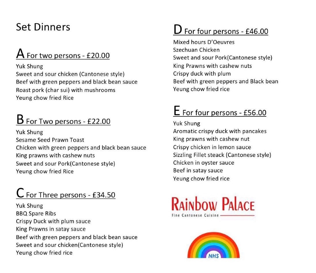 Takeaway Restaurant Menu Page - Rainbow Palace Cantonese Stourbridge - Stourbridge