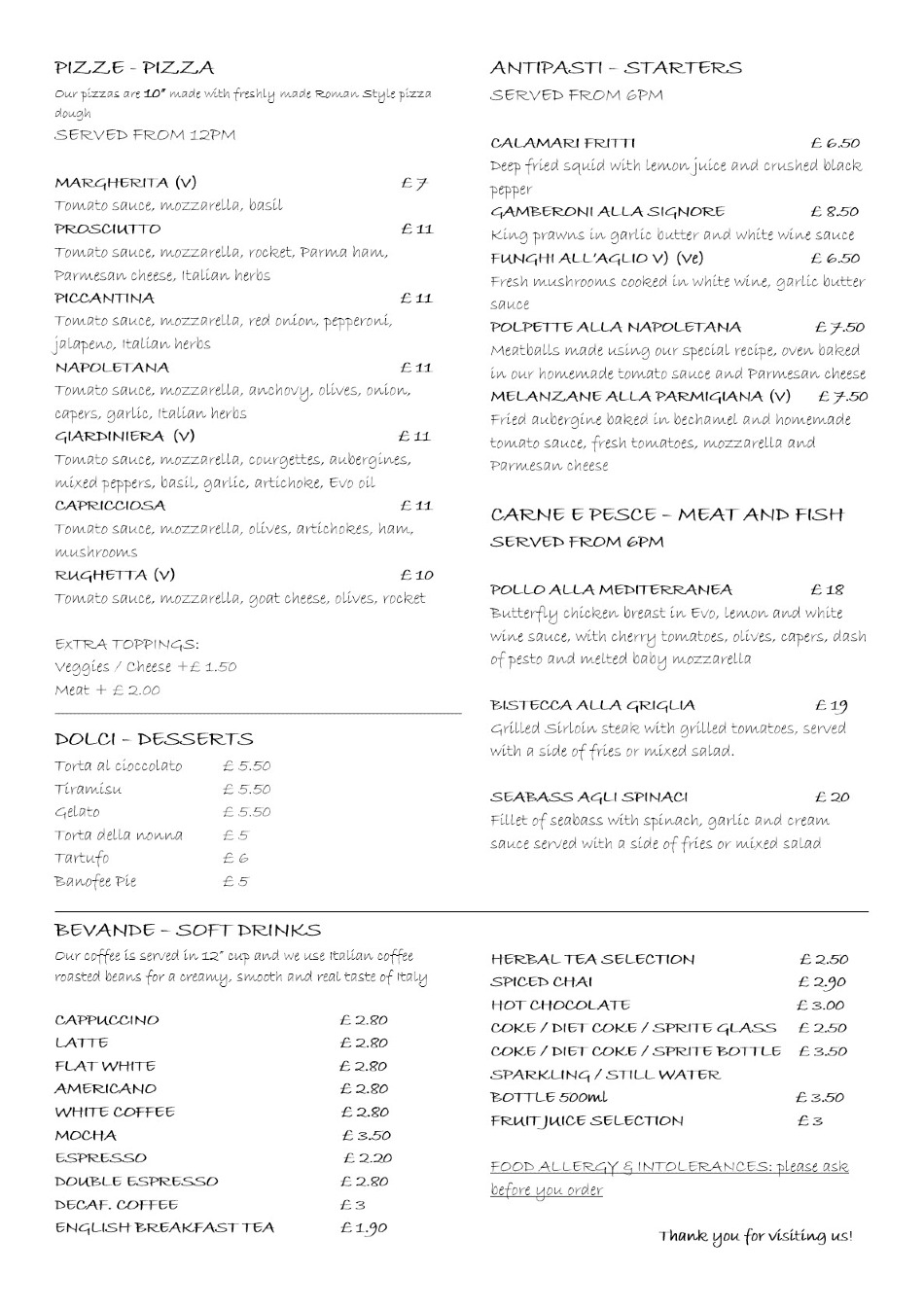 Takeaway Restaurant Menu Page - Si Signore caffé ristorante Brighton - Brighton