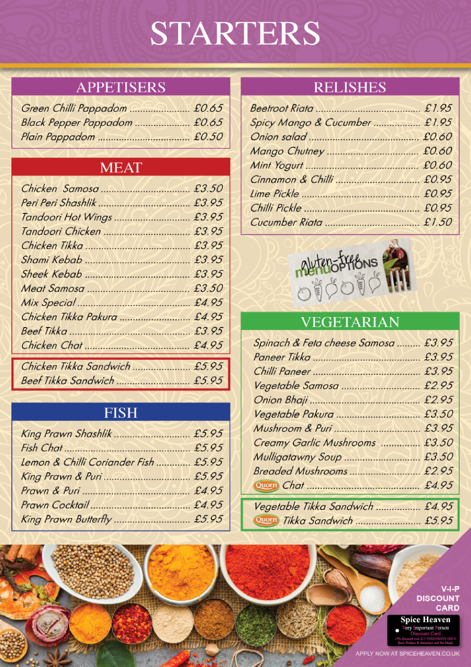 Takeaway Restaurant Menu Page - Spice Heaven Indian Whitchurch - Whitchurch