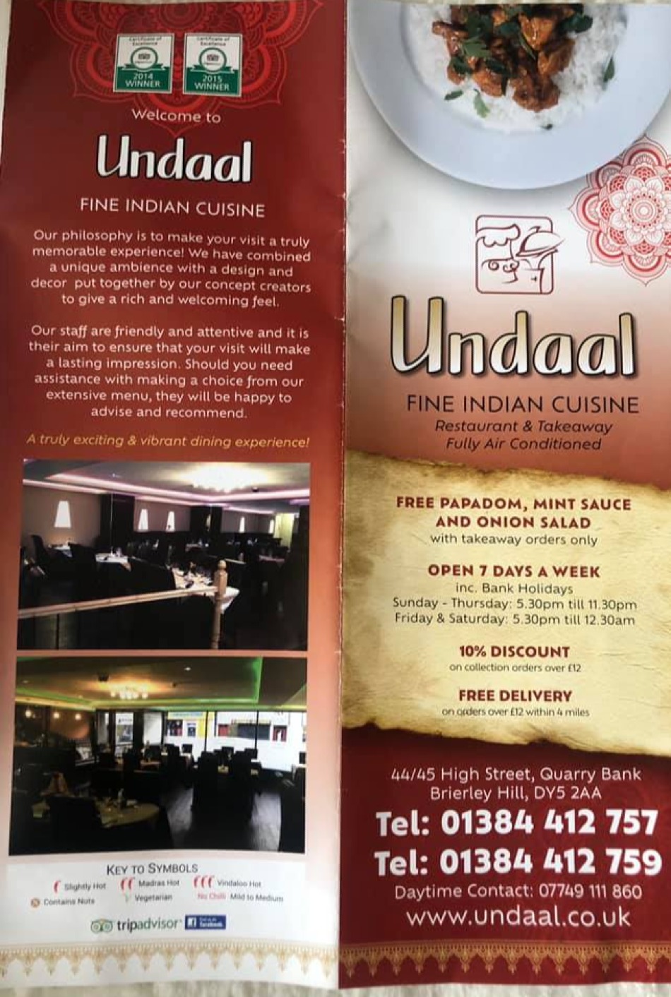 Takeaway Restaurant Menu Page - Undaal Indian Restaurant Brierley Hill - Brierley Hill