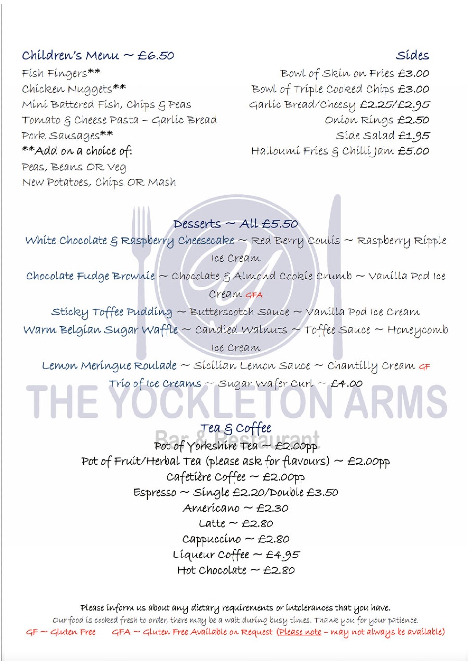 Takeaway Restaurant Menu Page - The Yockleton Arms Shrewsbury - Shrewsbury