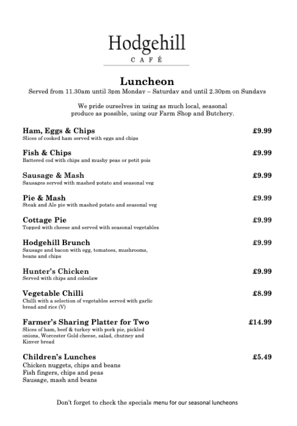 Takeaway Restaurant Menu Page - Hodgehill Café Blakedown Kidderminster - Kidderminster