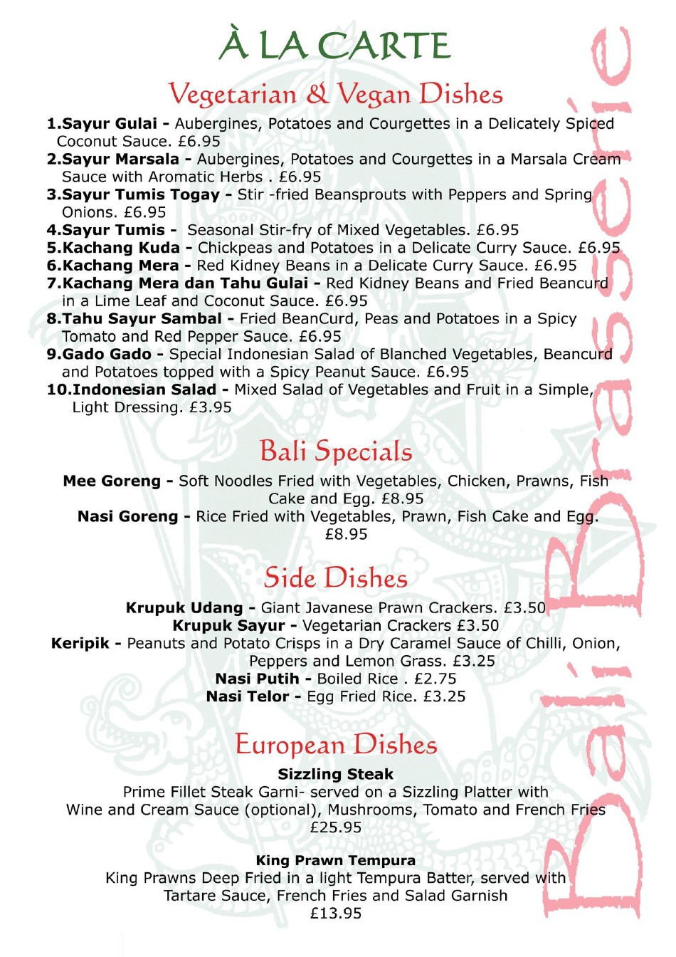 Takeaway Restaurant Menu Page - Bali Brasserie Indonesian and Malaysian cuisine Hove - Hove