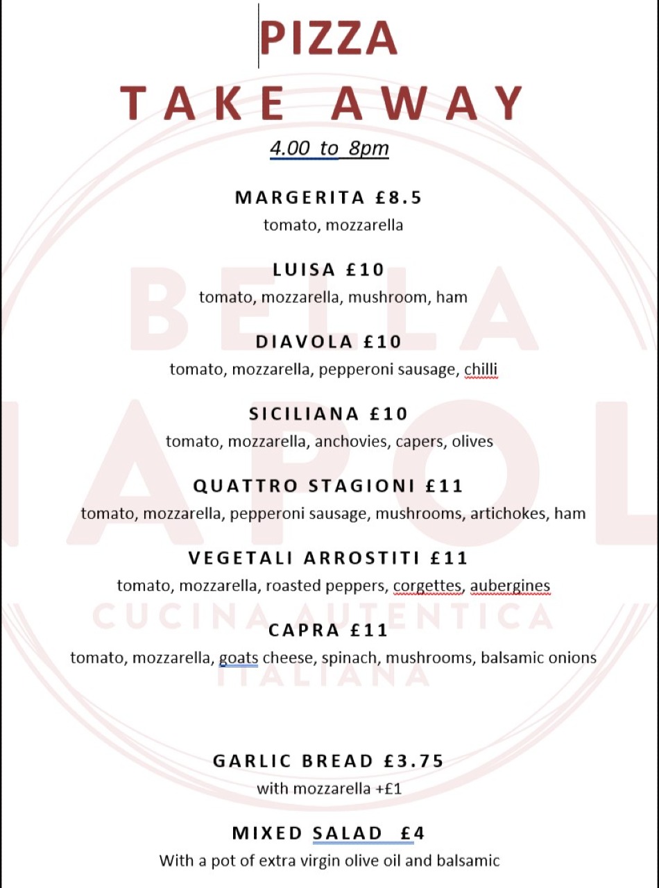 Takeaway Restaurant Menu Page - Bella Napoli Italian Restaurant and Pizzeria Brighton - Brighton