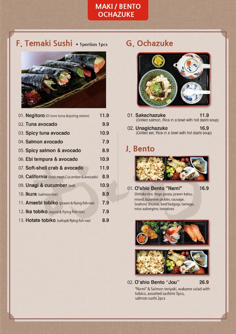 Takeaway Restaurant Menu Page - O’Shio Korean and Japanese Brighton - Brighton