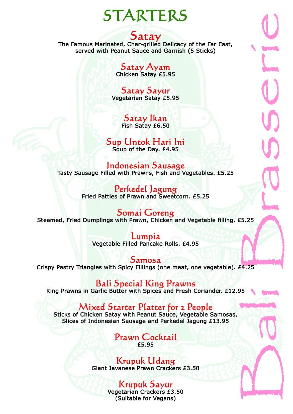 Takeaway Restaurant Menu Page - Bali Brasserie Indonesian and Malaysian cuisine Hove - Hove