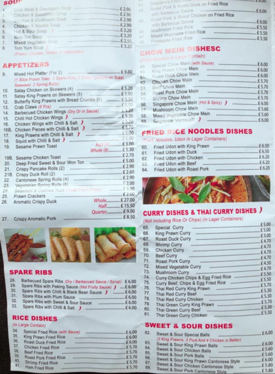Takeaway Restaurant Menu Page - Peking Aroma Chinese takeaway Shrewsbury - Shrewsbury