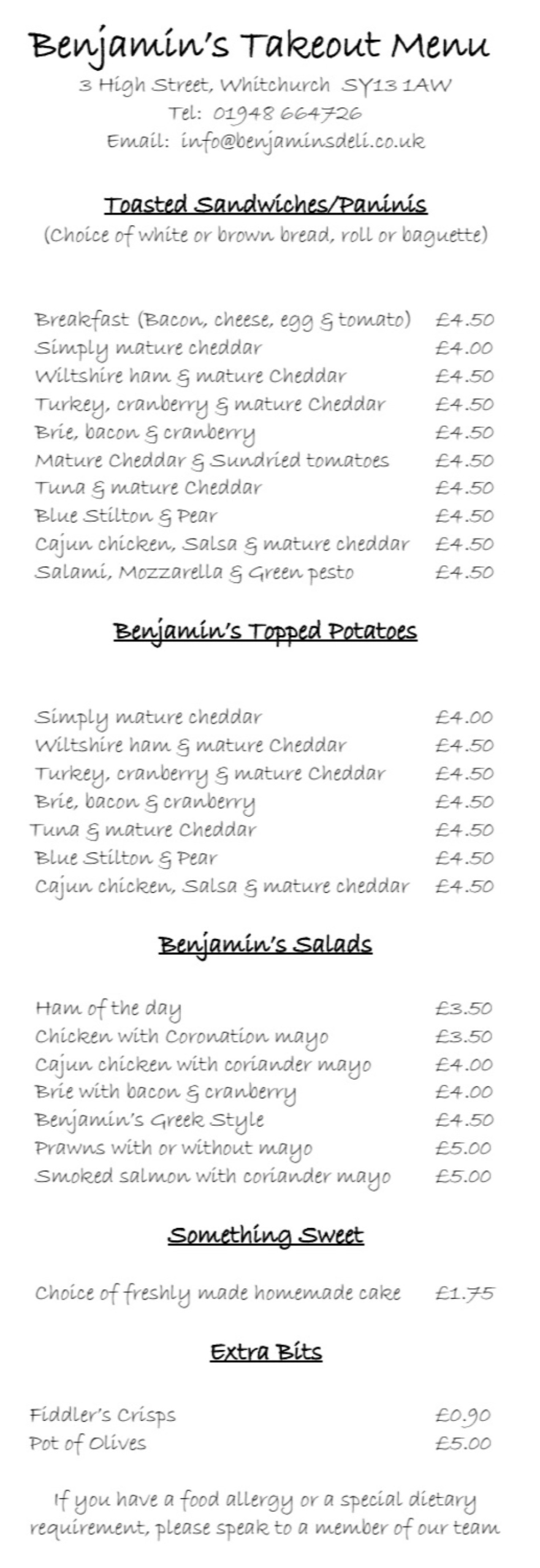 Takeaway Restaurant Menu Page - Benjamin’s Deli Cafe Whitchurch - Whitchurch