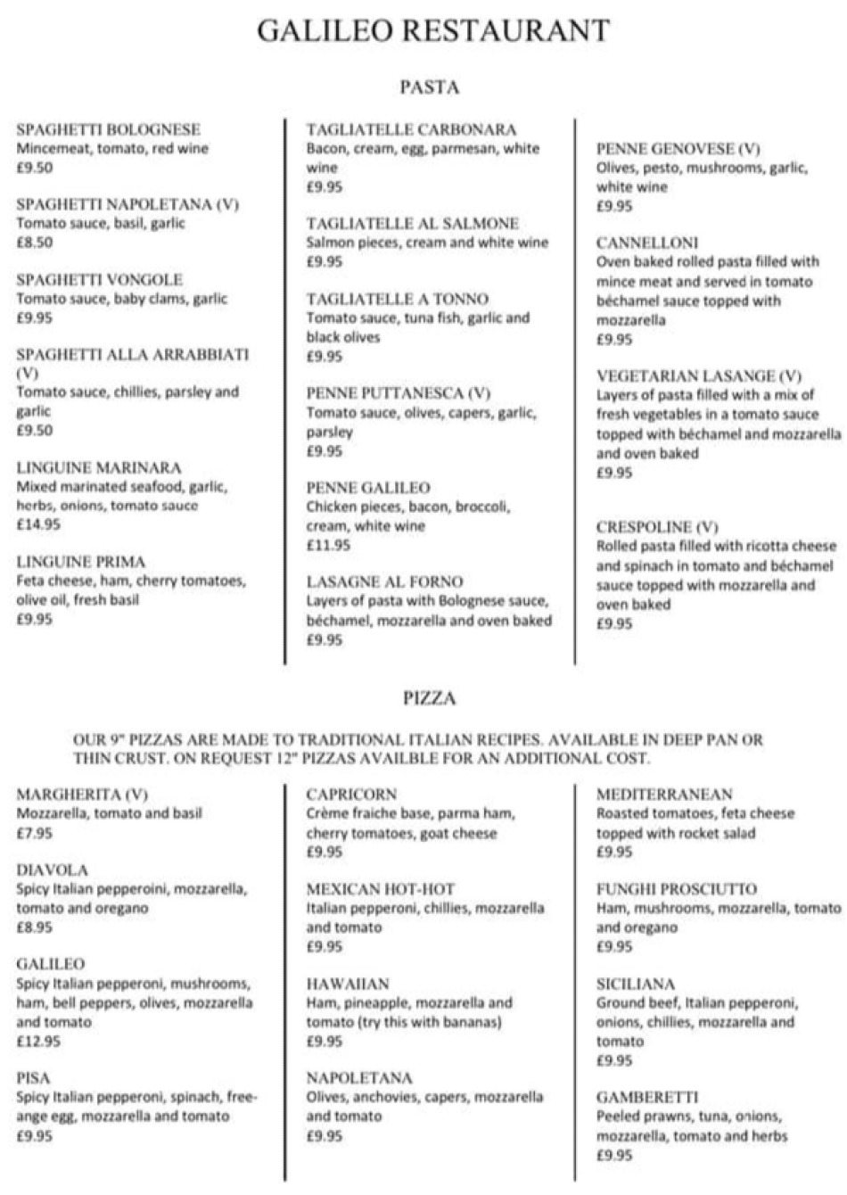 Takeaway Restaurant Menu Page - Galileo Italian Restaurant Hove - Hove