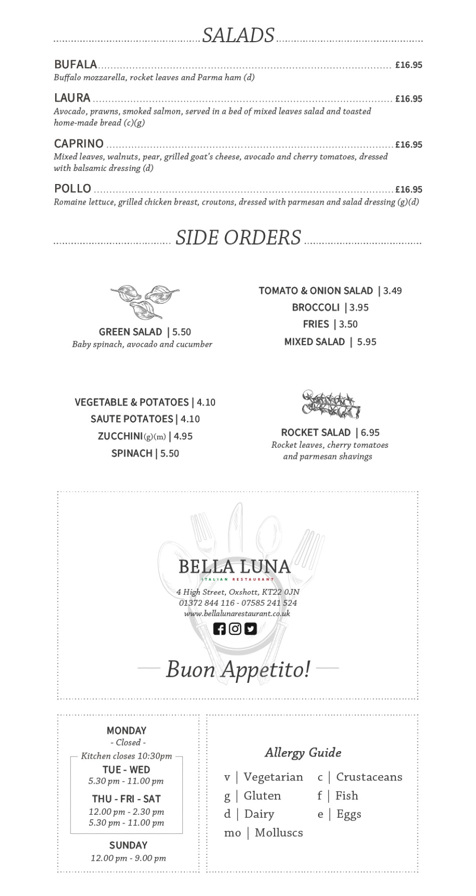 Takeaway Restaurant Menu Page - Bella Luna Italian Restaurant Oxshott Leatherhead - Leatherhead