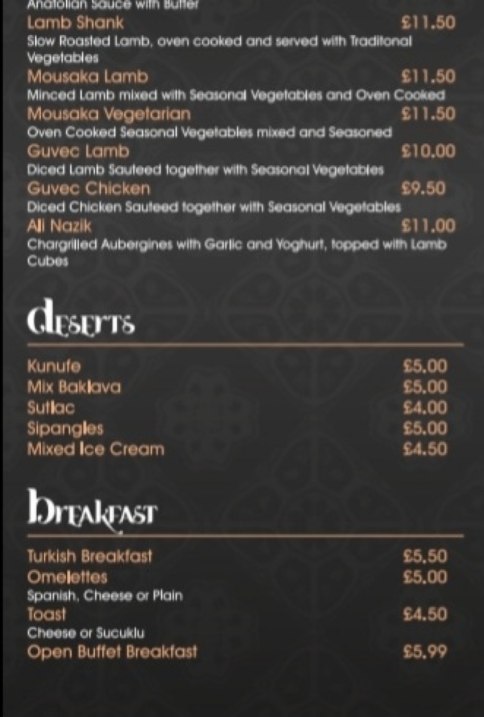 Takeaway Restaurant Menu Page - Bosphorus Restaurant Turkish cuisine - Nottingham