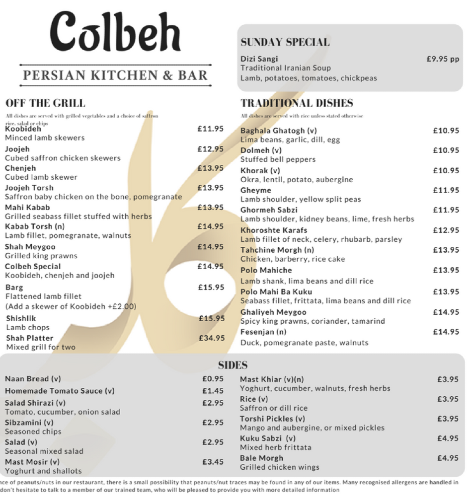 Takeaway Restaurant Menu Page - Colbeh Persian Kitchen & Bar - Birmingham