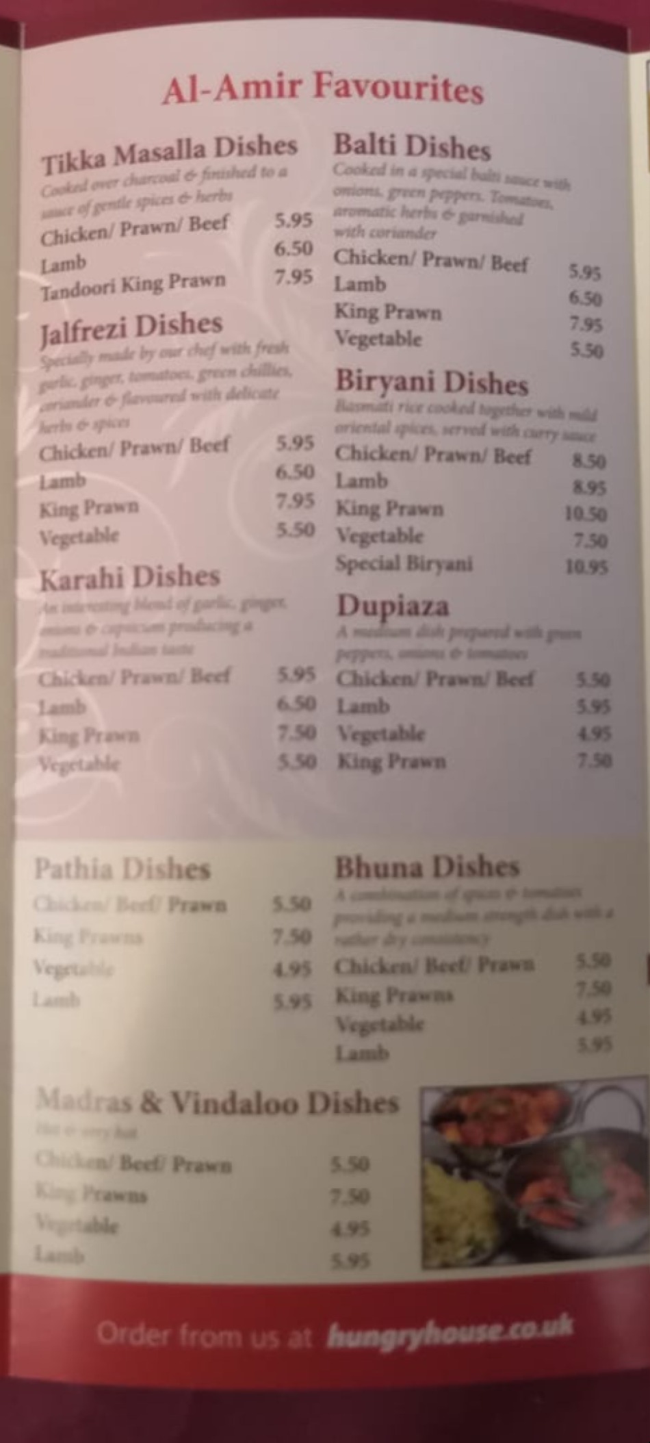 Takeaway Restaurant Menu Page - Al-Amir Indian Cuisine - Blackpool