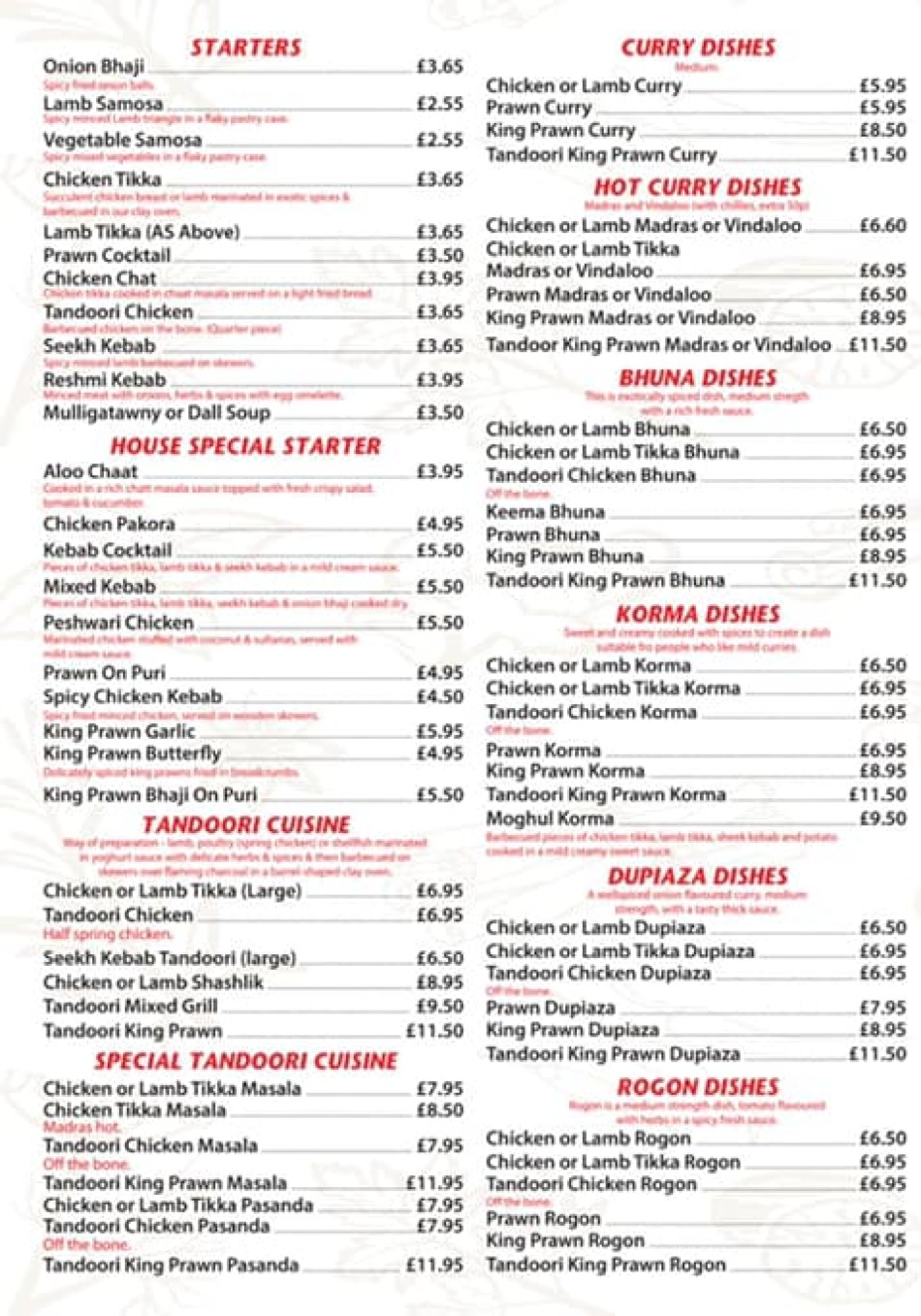 Takeaway Restaurant Menu Page - RUCHI Indian cuisine restaurant - Southend-on-Sea