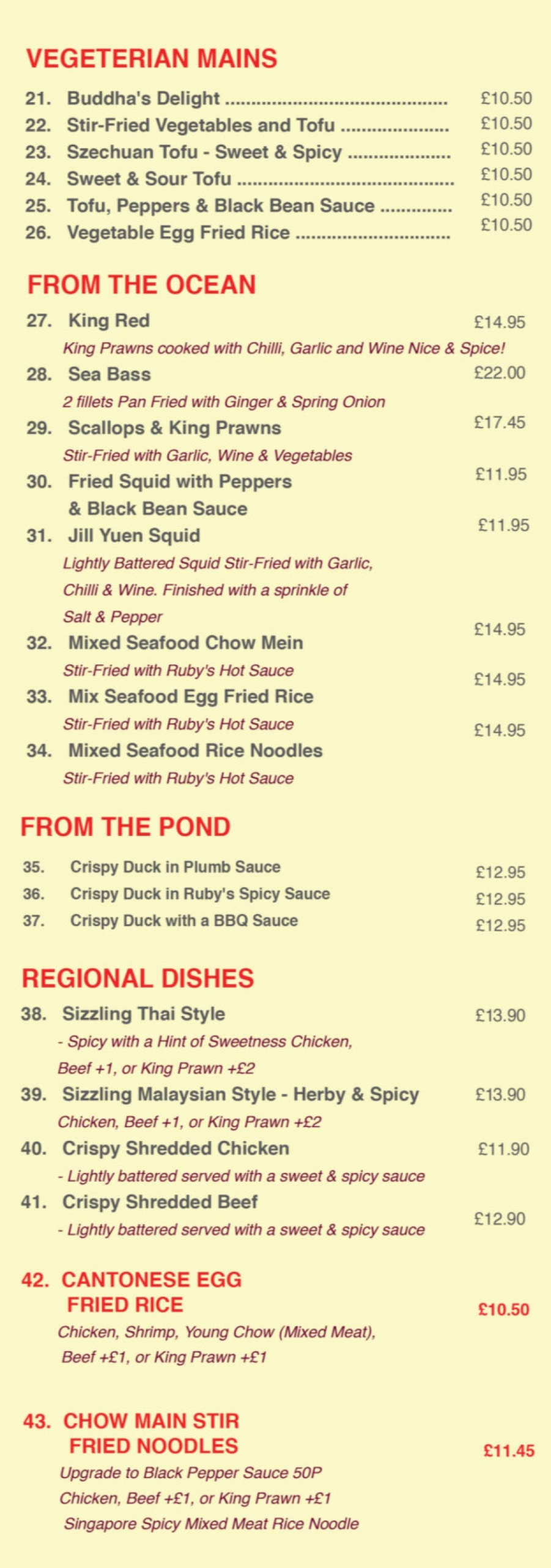 Takeaway Restaurant Menu Page - The Ruby Chinese Restaurant - Lichfield