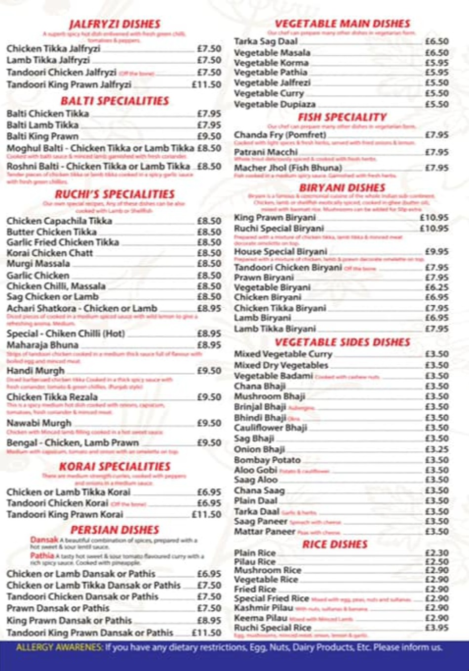 Takeaway Restaurant Menu Page - RUCHI Indian cuisine restaurant - Southend-on-Sea