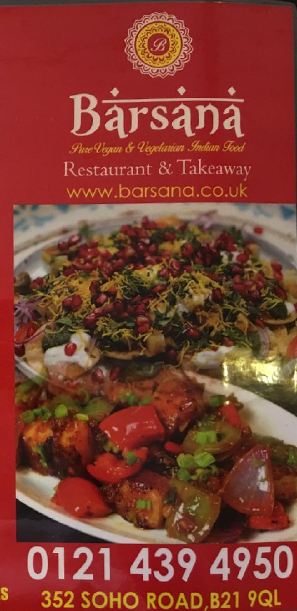 Takeaway Restaurant Menu Page - Barsana Pure Veg and Vegan Restaurant - Birmingham