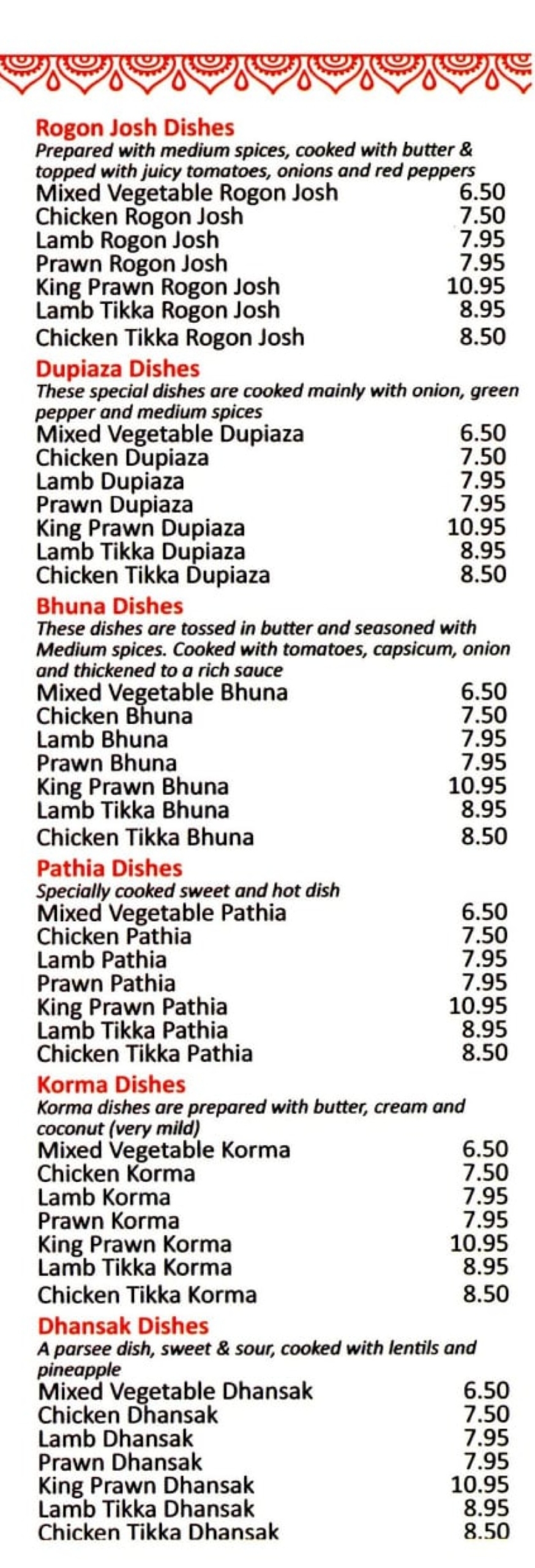 Takeaway Restaurant Menu Page - Bombay Palace - Chester