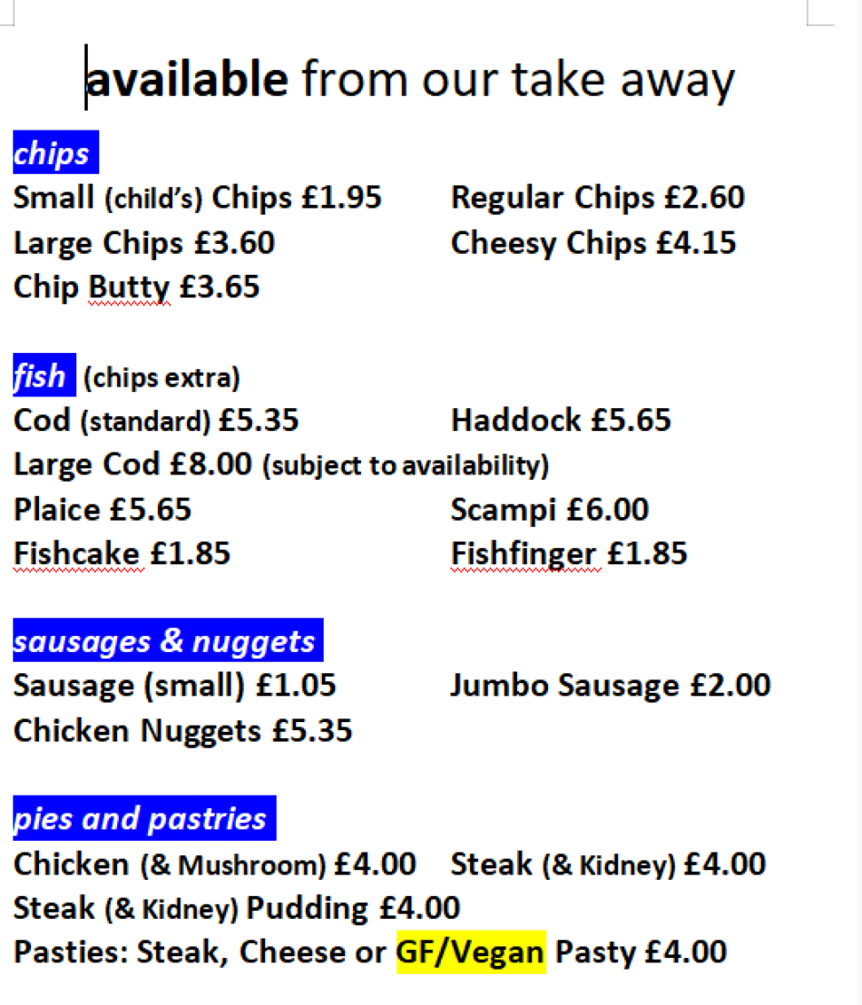 Takeaway Restaurant Menu Page - The Balancing Eel Fish and Chips - Saint Ives