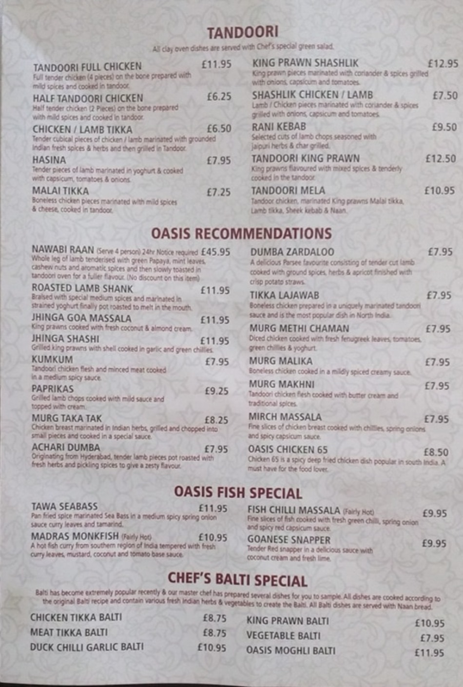 Takeaway Restaurant Menu Page - OASIS INDIAN DINING - Norwich