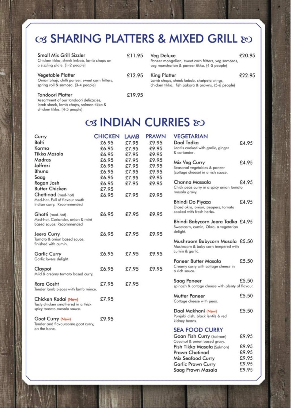 Takeaway Restaurant Menu Page - The New Talbot Quinton Indian Restaurant - Birmingham