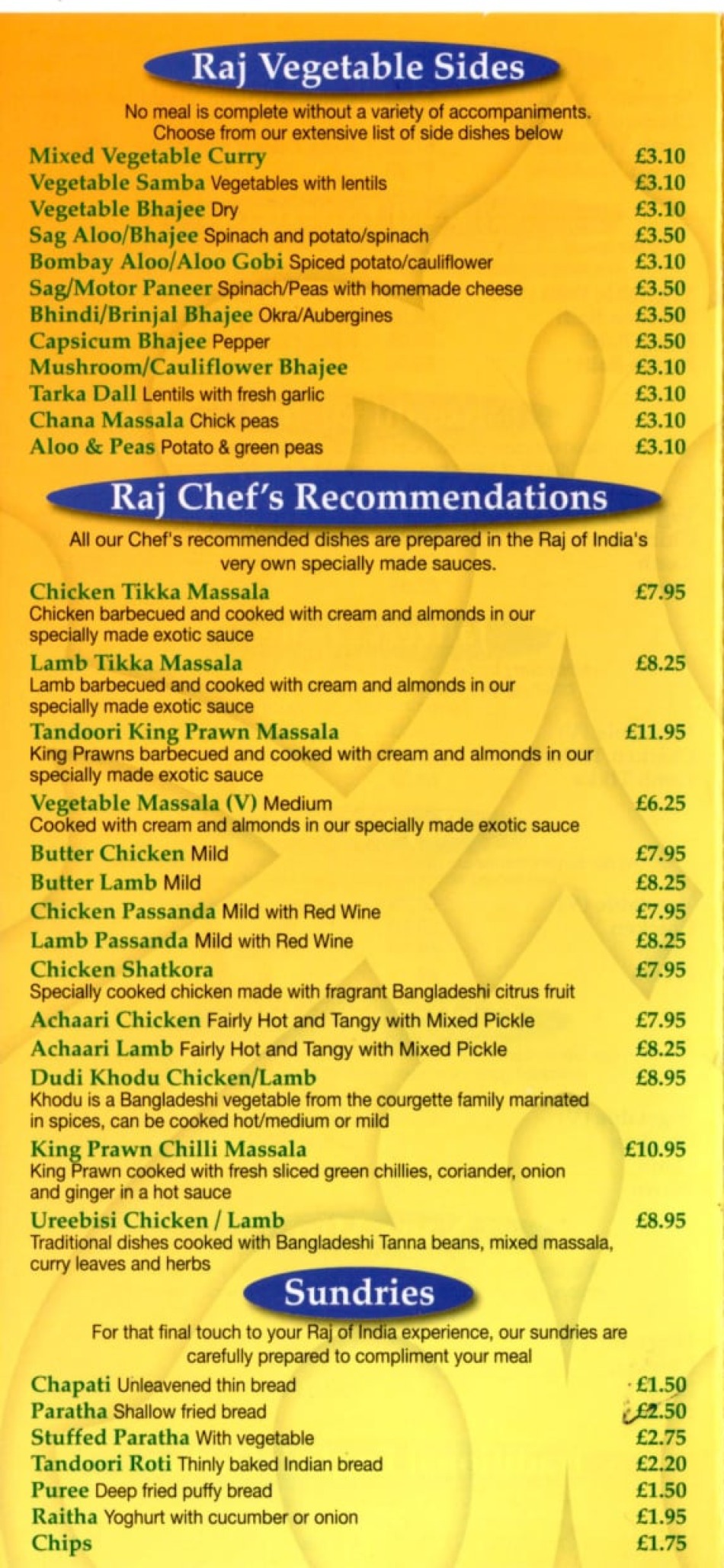 Takeaway Restaurant Menu Page - The Raj Indian restaurant - Norwich