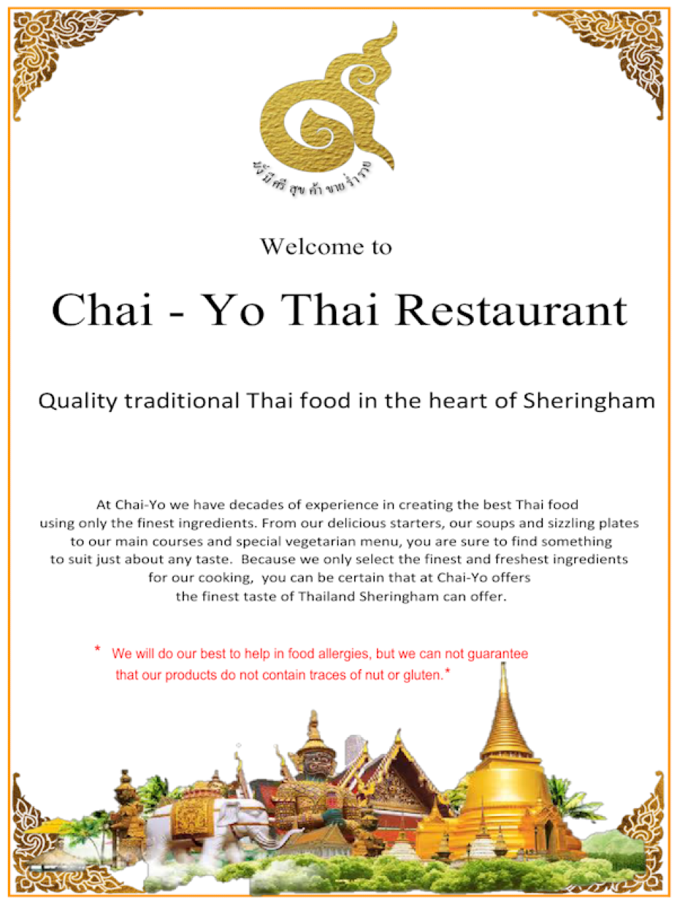 Takeaway Restaurant Menu Page - Chai-yo Thai Restaurant - Sheringham
