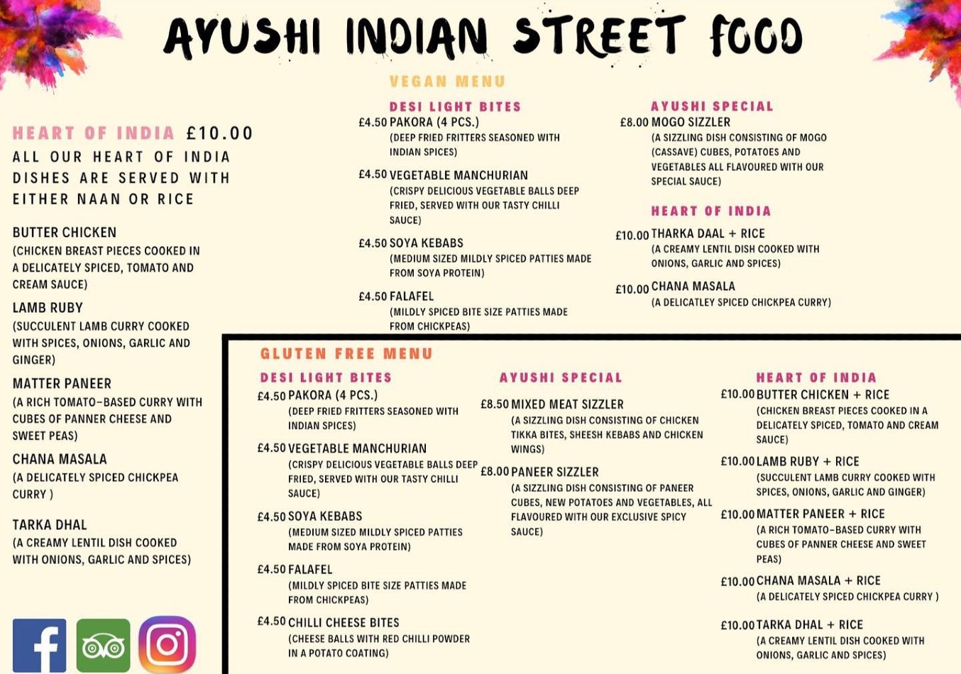 Takeaway Restaurant Menu Page - Ayushi Indian Street Food - Nottingham