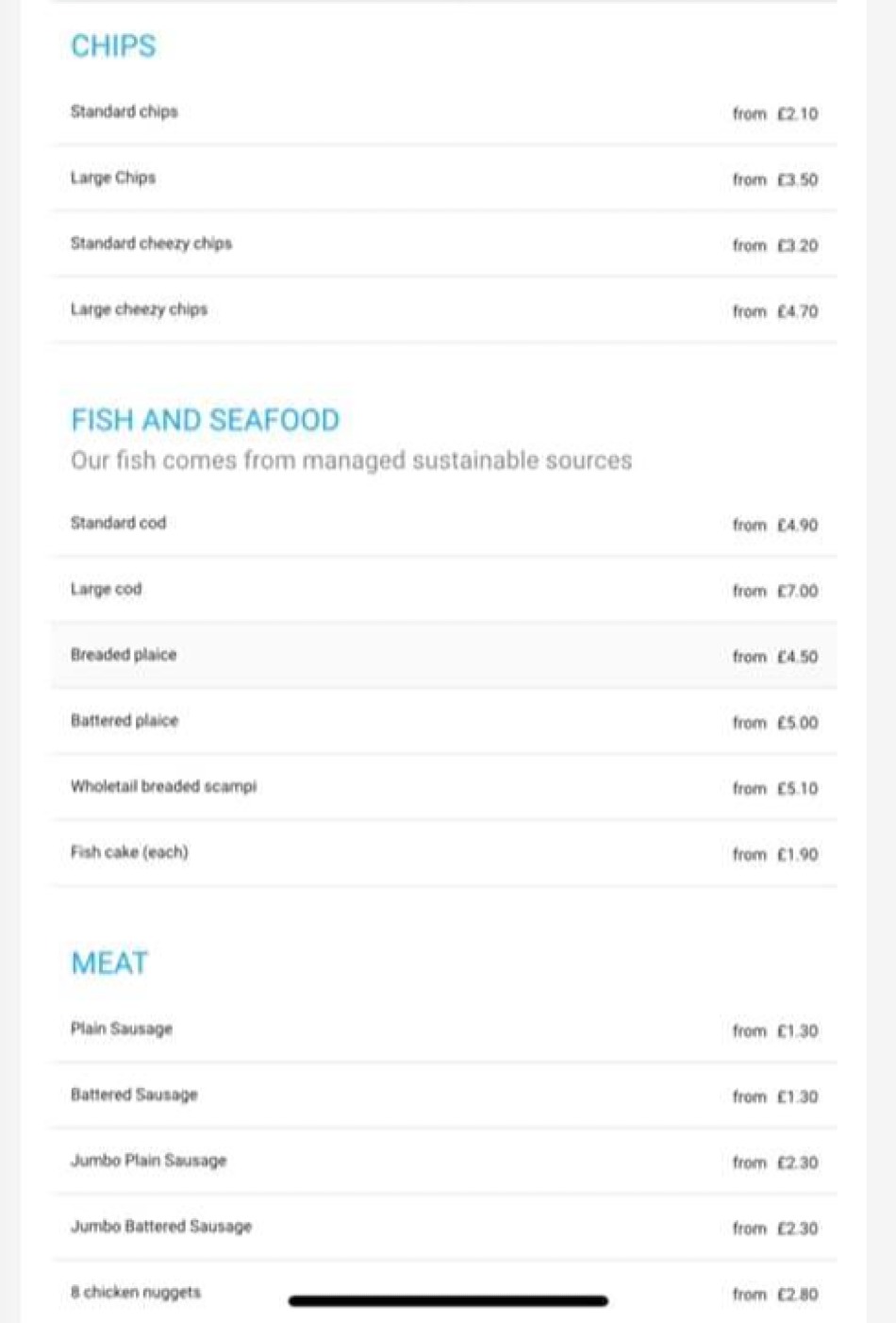 Takeaway Restaurant Menu Page - Port and Starboard Seafood restaurant - Saint Columb