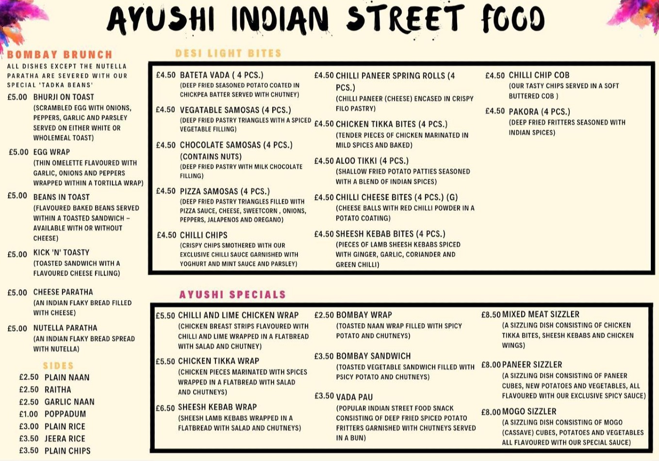 Takeaway Restaurant Menu Page - Ayushi Indian Street Food - Nottingham