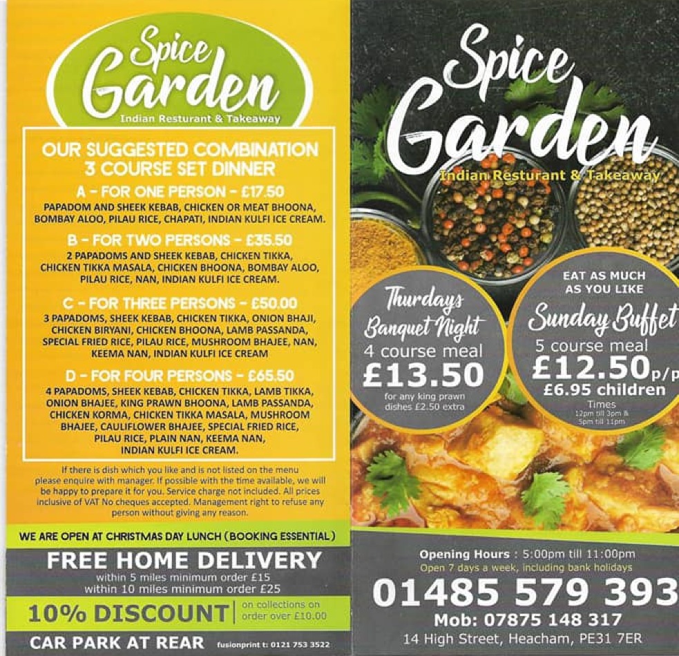 Takeaway Restaurant Menu Page - Spice Garden Indian Restaurant - King's Lynn