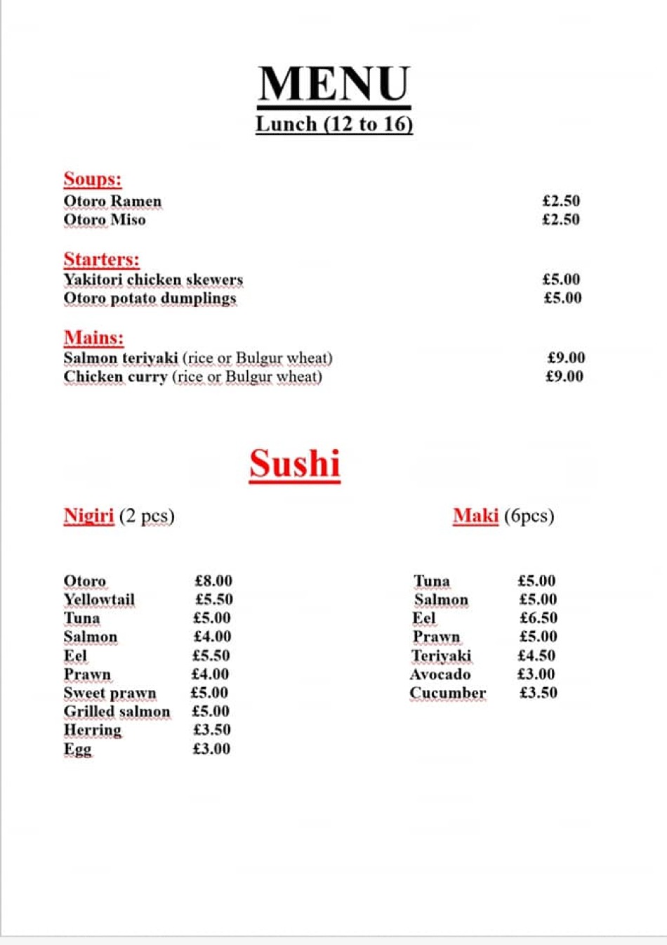 Takeaway Restaurant Menu Page - otoro sushi uk - Birmingham