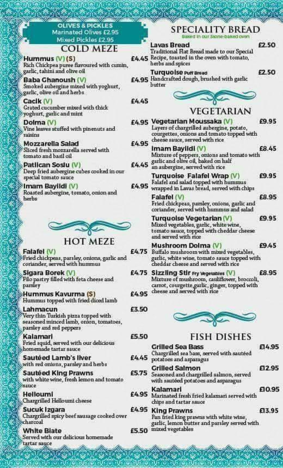 Takeaway Restaurant Menu Page - Turquoise Kitchen & Bar - West Bromwich