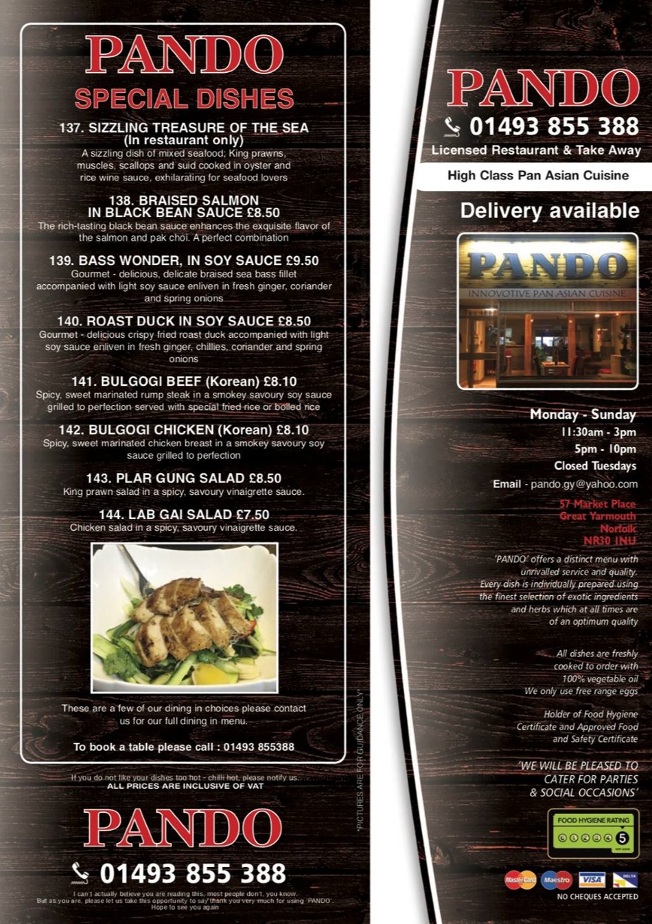 Takeaway Restaurant Menu Page - Pando Thai, Chinese and Pan Asian cuisine - Great Yarmouth