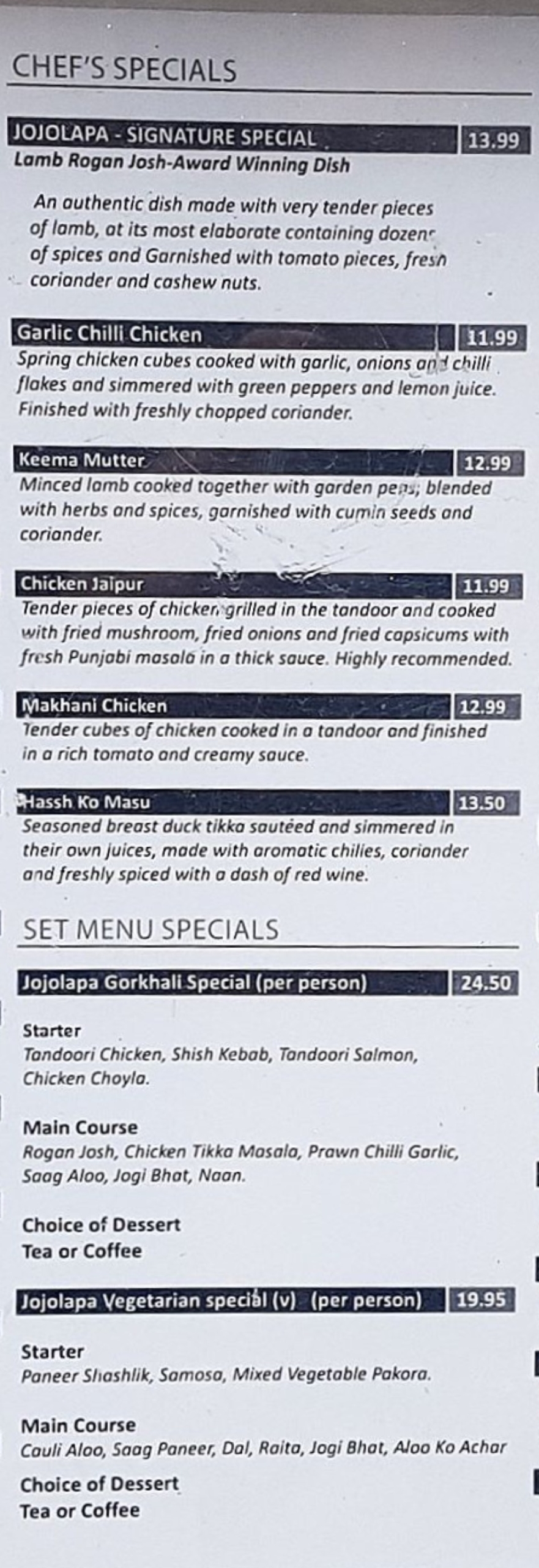 Takeaway Restaurant Menu Page - Jojolapa Nepalese Bar & Kitchen - Birmingham