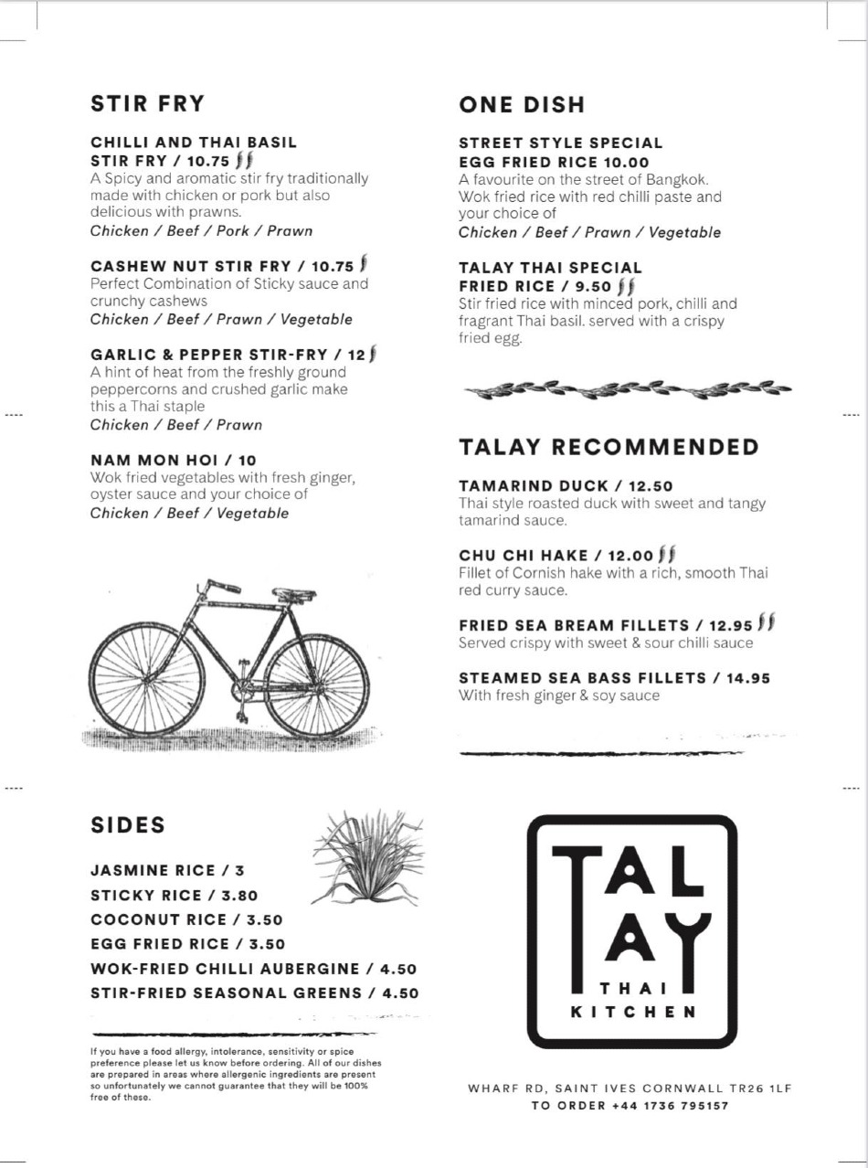 Takeaway Restaurant Menu Page - TALAY Thai Kitchen - Saint Ives