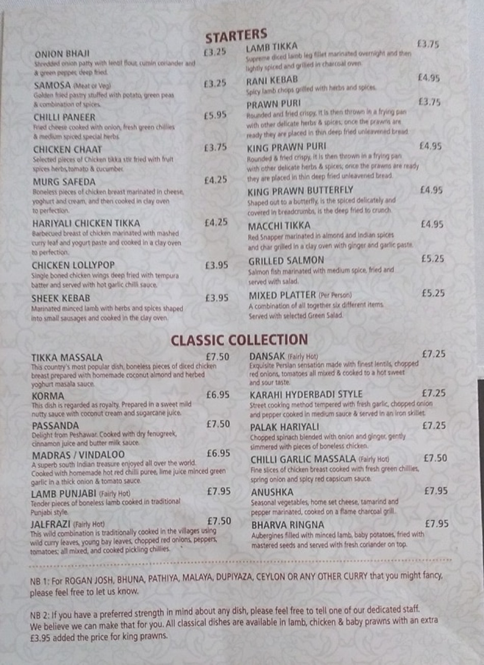 Takeaway Restaurant Menu Page - OASIS INDIAN DINING - Norwich