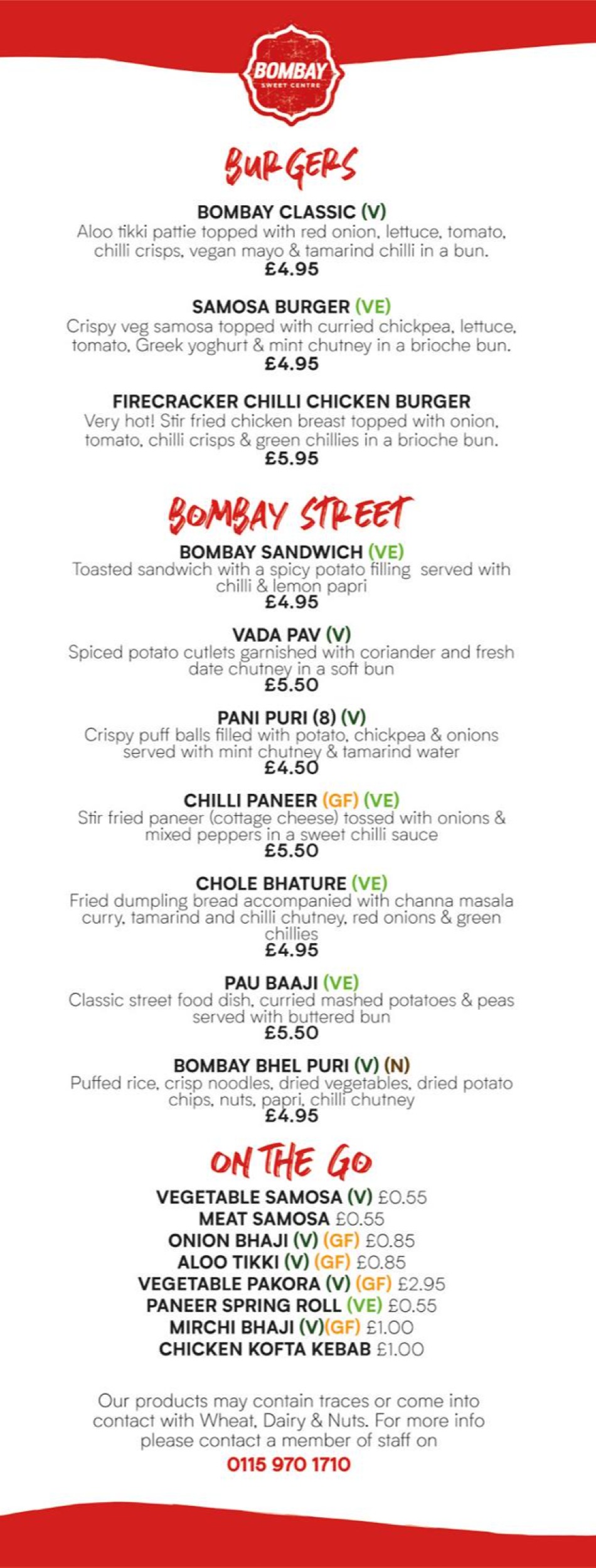 Takeaway Restaurant Menu Page - Bombay Sweet Centre Indian restaurant - Nottingham