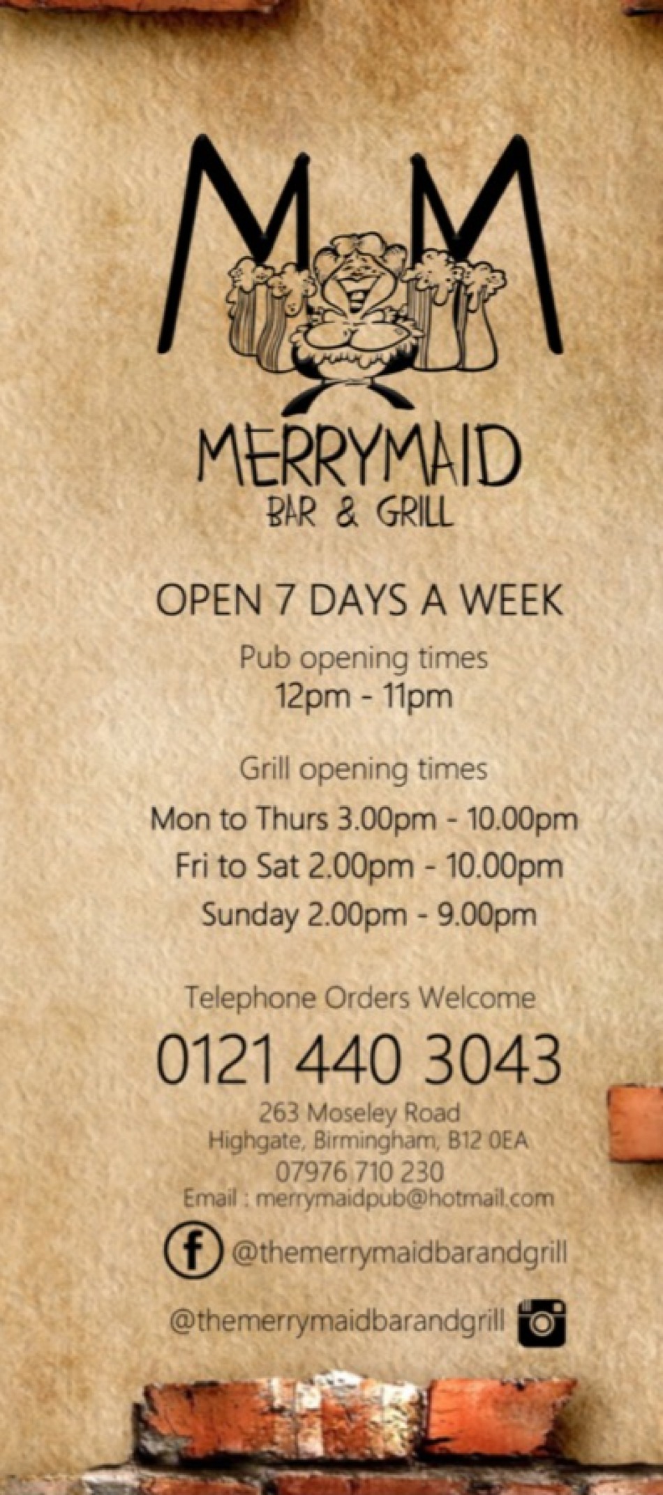 Takeaway Restaurant Menu Page - The Merrymaid Bar and Grill - Birmingham
