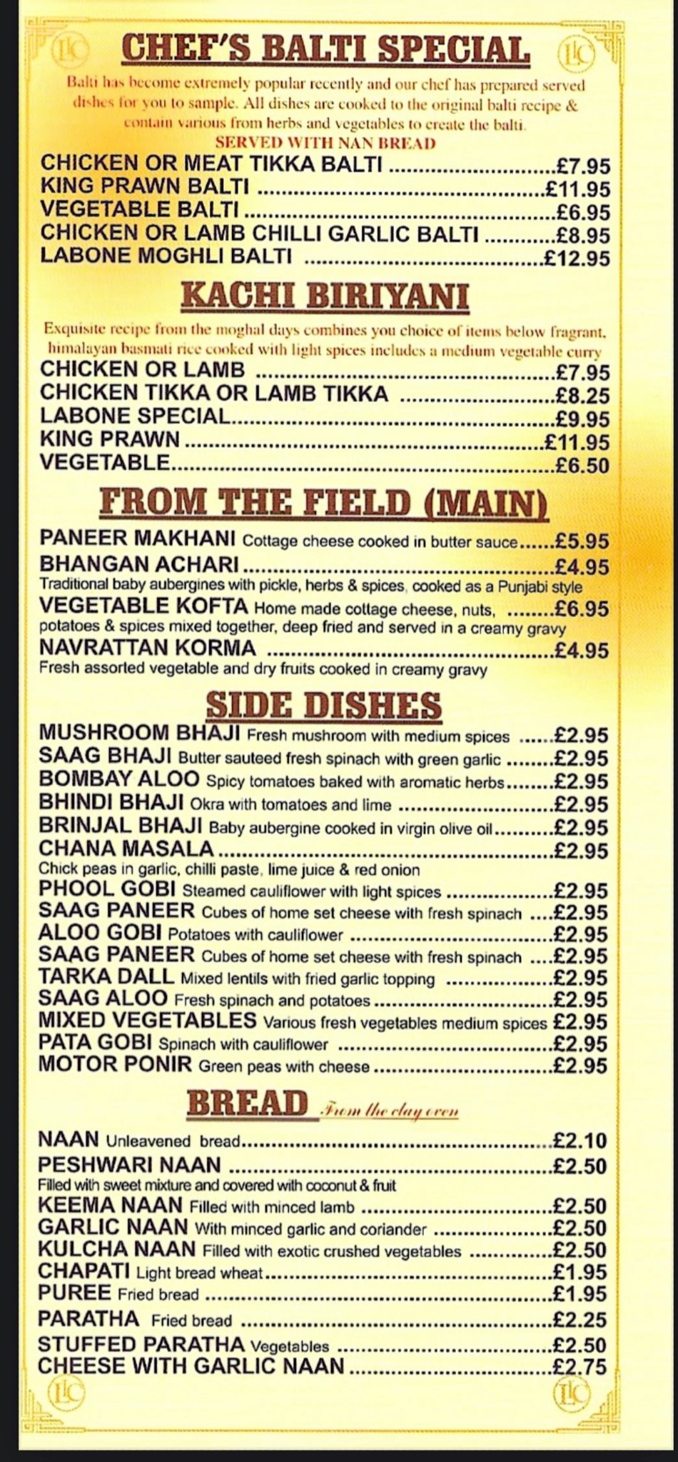 Takeaway Restaurant Menu Page - Labone Indian Cuisine - Lowestoft